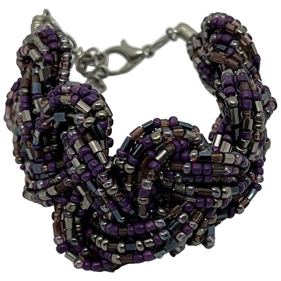 Braided Seed Bead Bracelet in Purple & Silver | Twisted Statement Beaded Jewelry - Picture 2 of 6